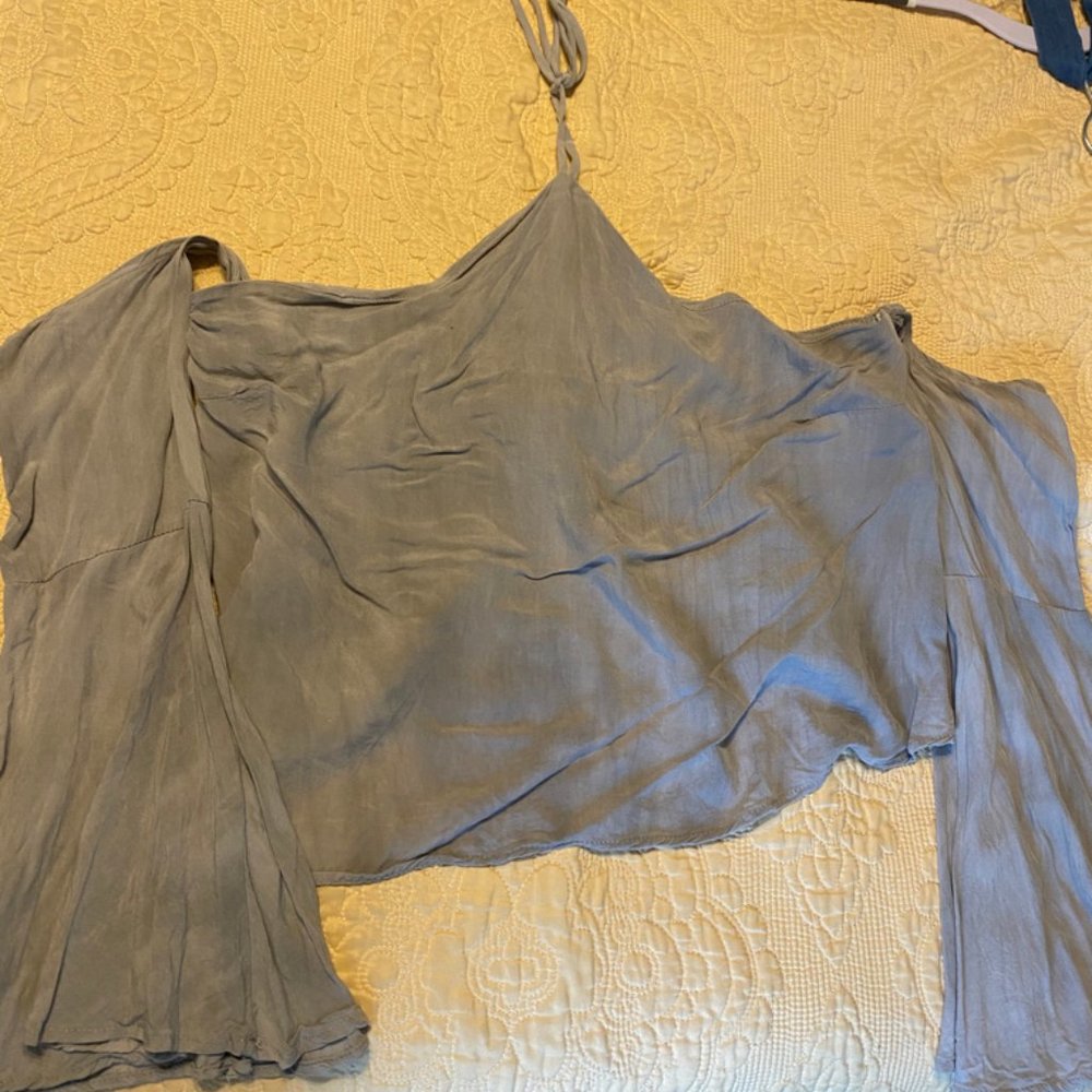 Grey colored open shoulder halter top